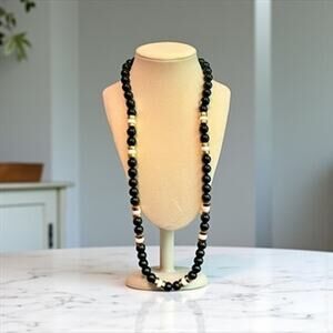 Vintage Napier Black Bead Necklace-Gold Tone Spacers-30''-Classic-Statement-Long